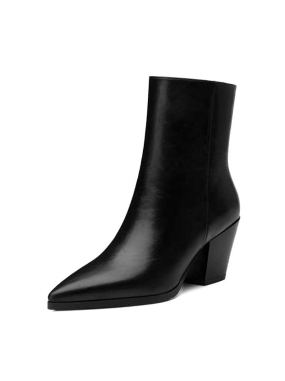 Faux Leather Pointed Toe Chunky Heel Ankle Booties with Side Zipper